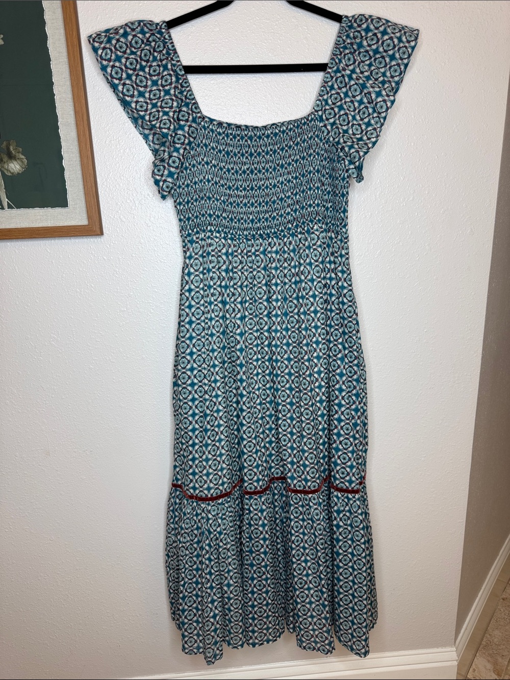 Olivia James The Label Brooke Dress Small Blue Geometric Flutter Sleeve Midi - Picture 12 of 14